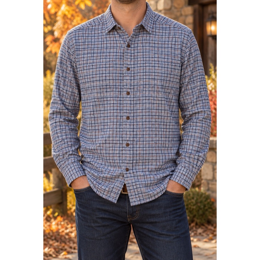 Johnston & Murphy Men's XL Blue Plaid Flannel Shirt Cotton Flip Cuff Button Up